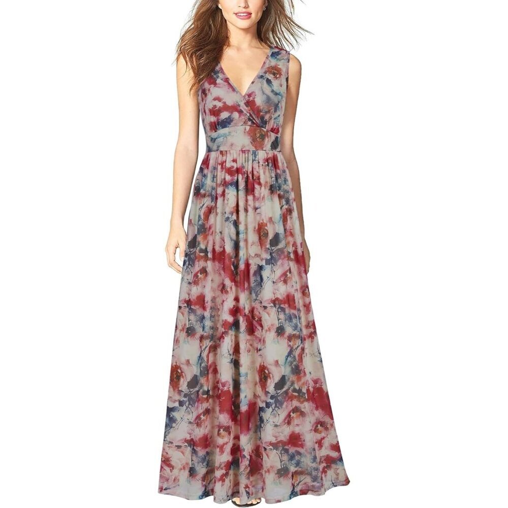 Women's Multi-colour  Sleeveless Deep V Neck Mesh Plain Long Maxi Casual Dress
